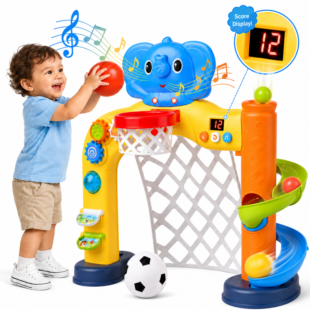 Toddler Basketball Hoop & Soccer Goal, Activity Center Toys with Music & Light, Toddler Sport Toys Christmas Birthday Gifts for Ages 1-3