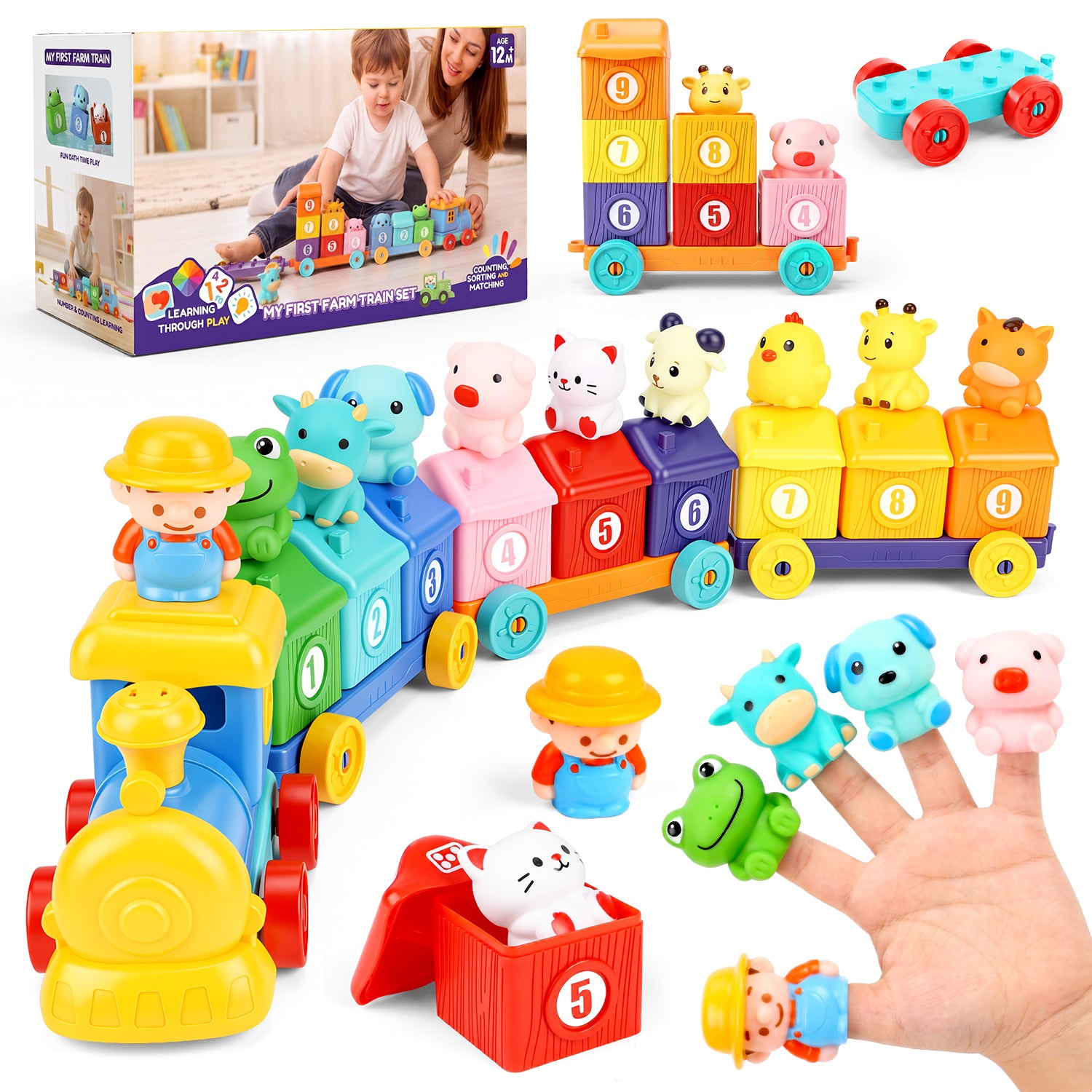 Montessori Learning Toys for Toddlers 1-3 Years, Counting, Matching & Sorting Toy Train, with Farm Animals Finger Puppets, Christmas Birthday Gifts for Toddler Boys Girls