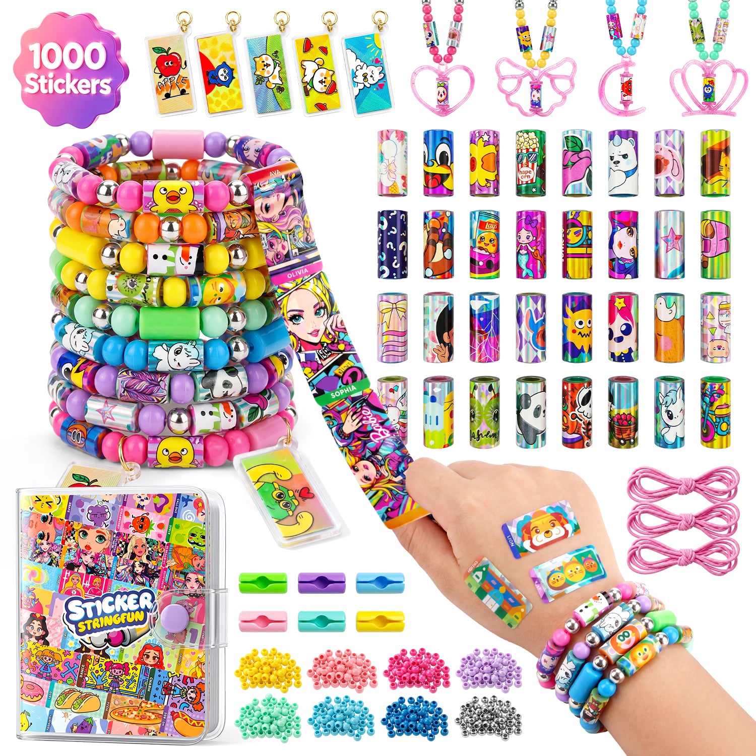 Sticker Bracelet Kit, 1000 Mini Stickers Set, Wearable & Shareable Sticker Rolls, Sticker Collection Book, Make Bracelets & Necklaces Set for 5-12 Years Girls Gift