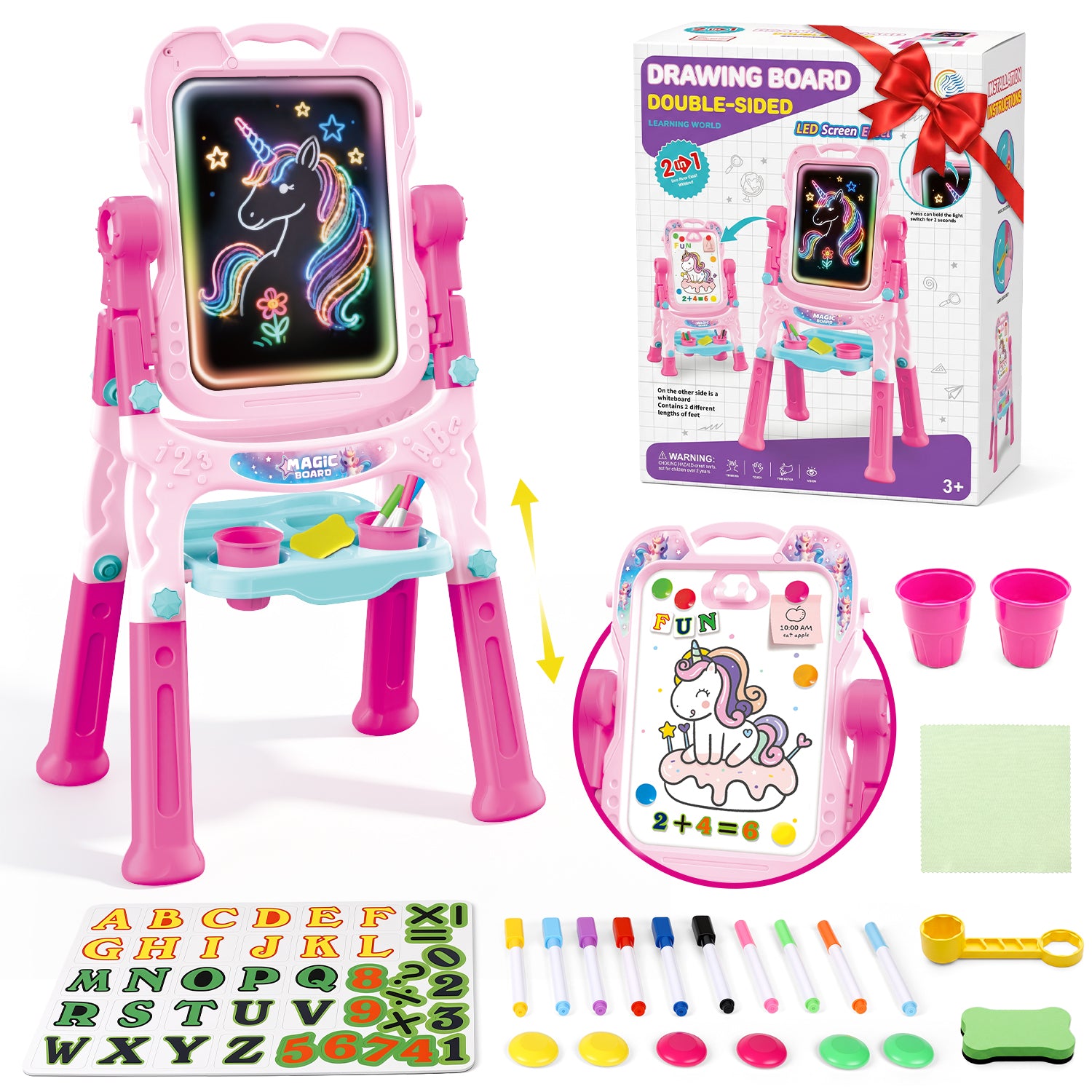 Art Easel for Kids, Adjustable Standing Rotatable Double Sided Easel, with Painting Accessories for Toddlers Boys and Girls, Pink
