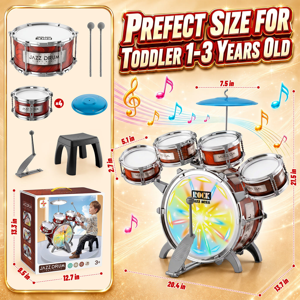 Kids Drum Set for Toddler 1-3 Years, Jazz Drum Toys with Chair, Beginner Christmas Birthday Gifts for Aged 2-6