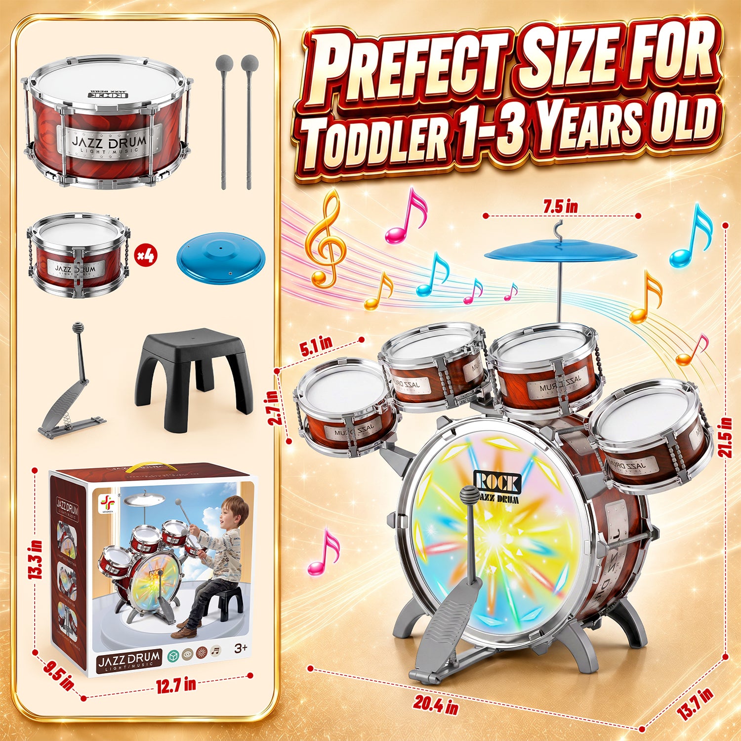 Kids Drum Set for Toddler 1-3 Years, Jazz Drum Toys with Chair, Beginner Christmas Birthday Gifts for Aged 2-6