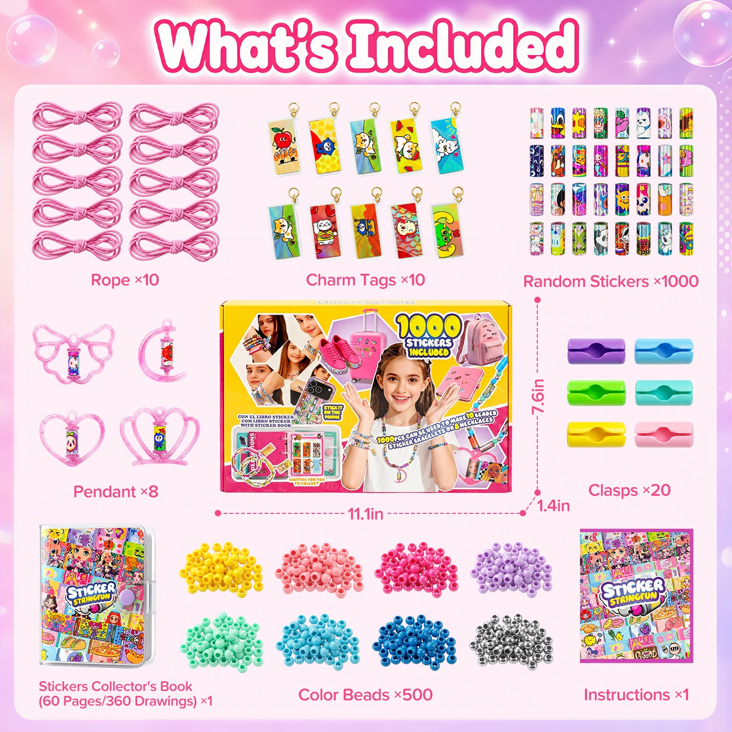 Sticker Bracelet Kit, 1000 Mini Stickers Set, Wearable & Shareable Sticker Rolls, Sticker Collection Book, Make Bracelets & Necklaces Set for 5-12 Years Girls Gift
