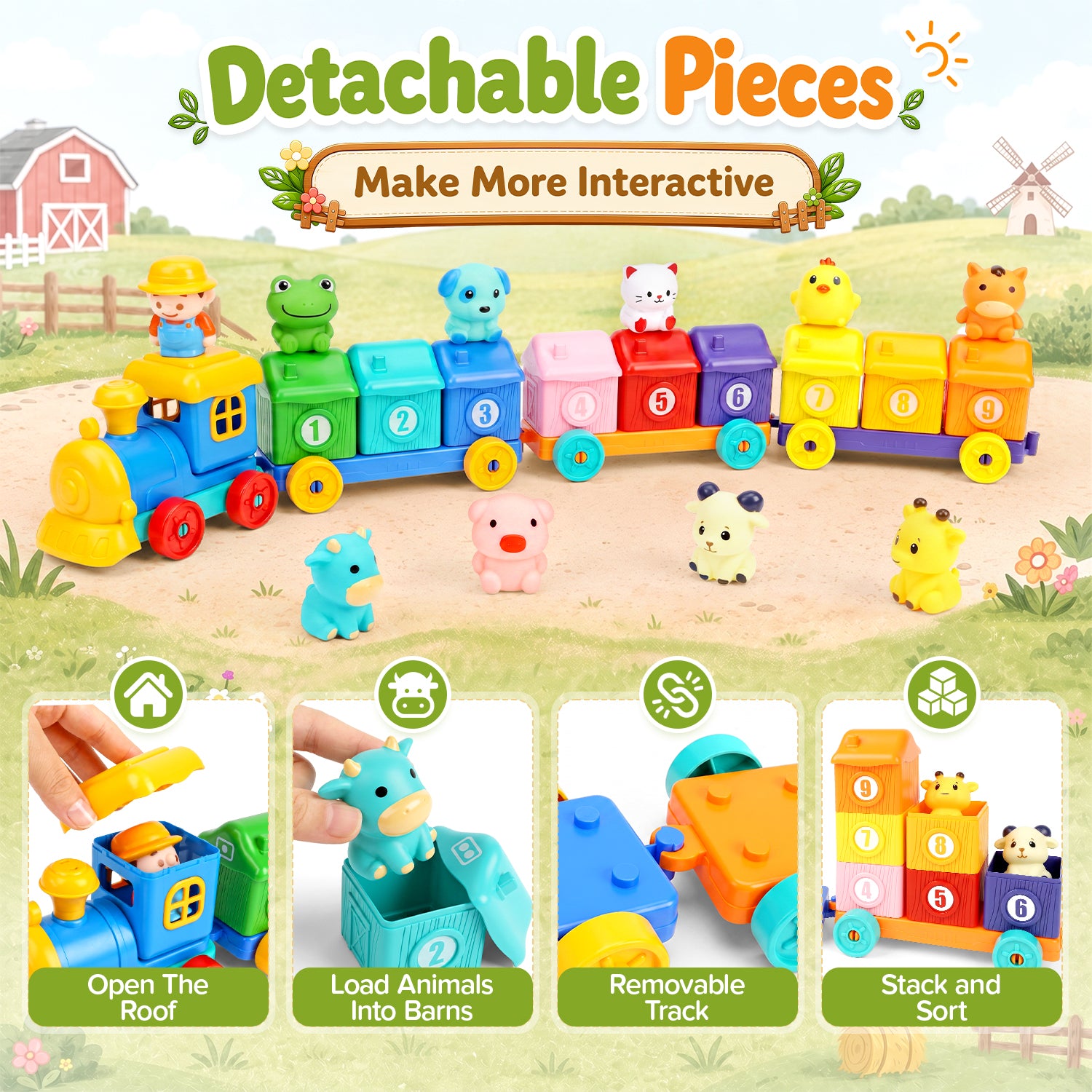 Montessori Learning Toys for Toddlers 1-3 Years, Counting, Matching & Sorting Toy Train, with Farm Animals Finger Puppets, Christmas Birthday Gifts for Toddler Boys Girls