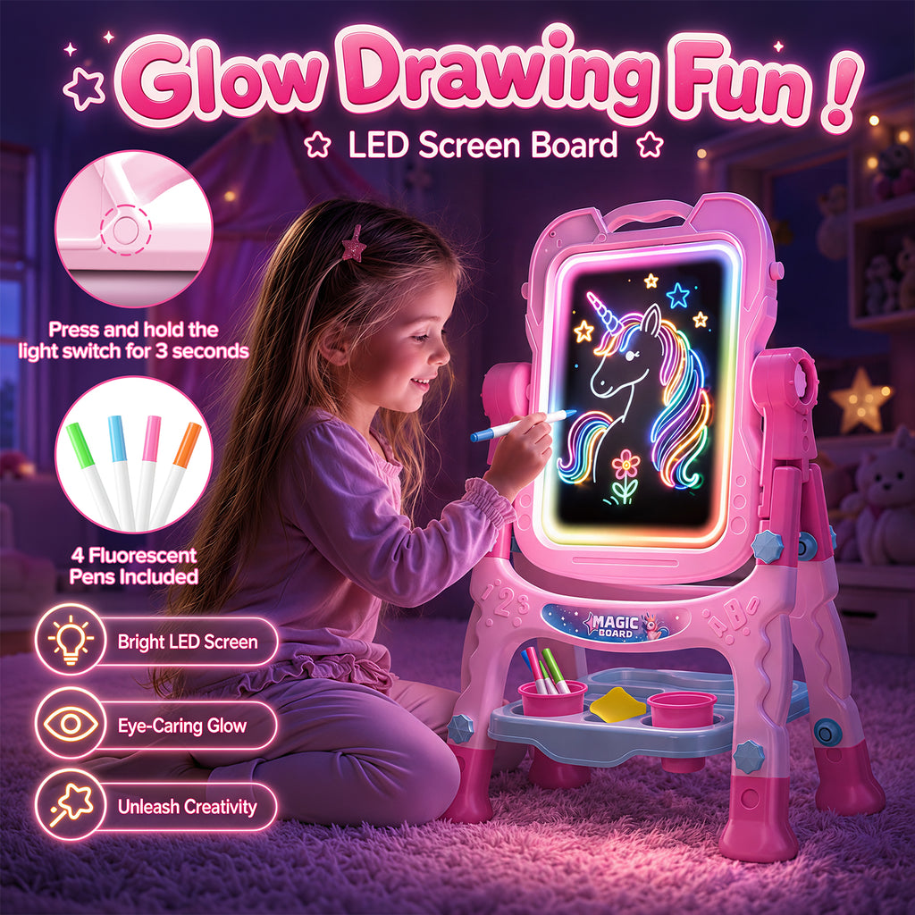 Art Easel for Kids, Adjustable Standing Rotatable Double Sided Easel, with Painting Accessories for Toddlers Boys and Girls, Pink