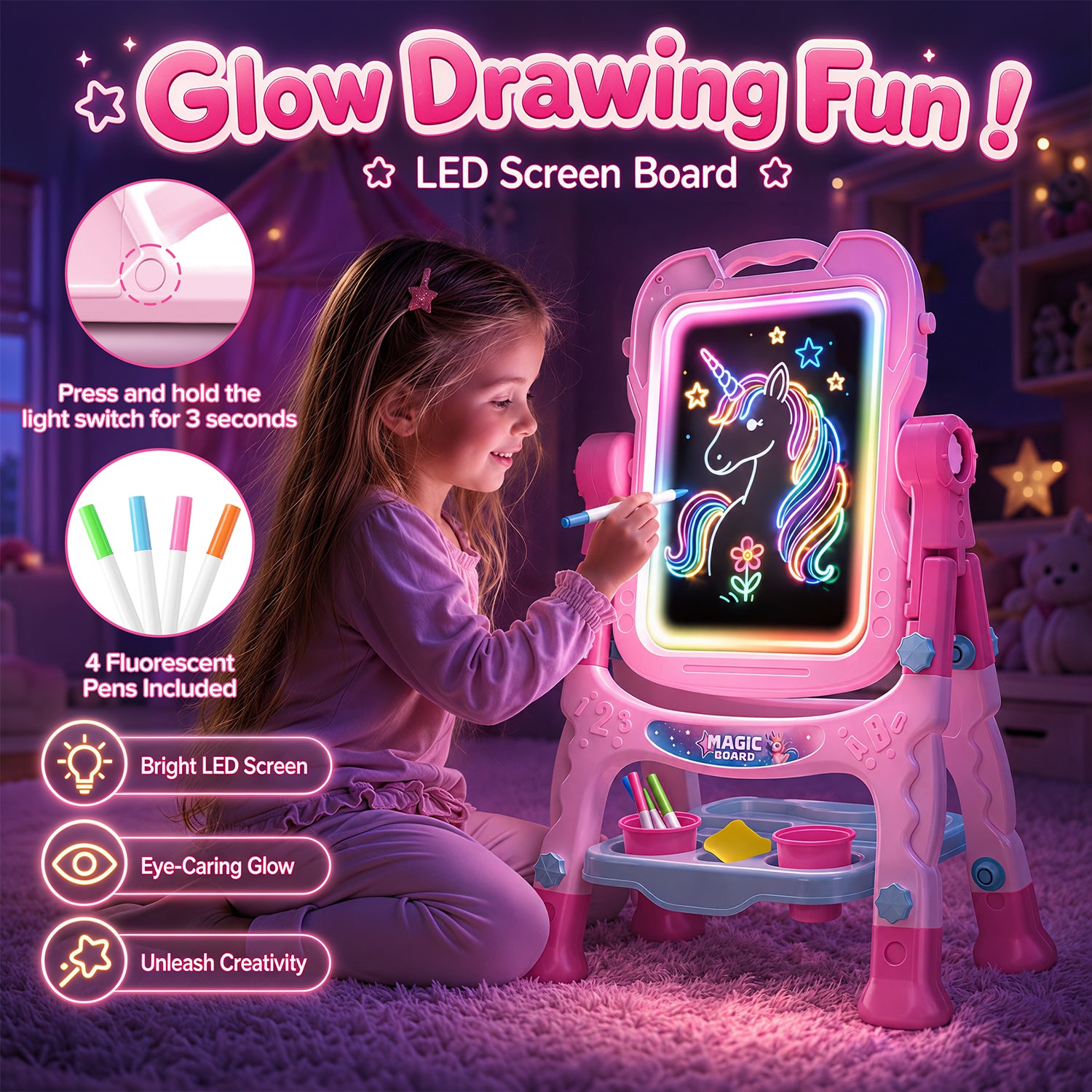 Art Easel for Kids, Adjustable Standing Rotatable Double Sided Easel, with Painting Accessories for Toddlers Boys and Girls, Pink