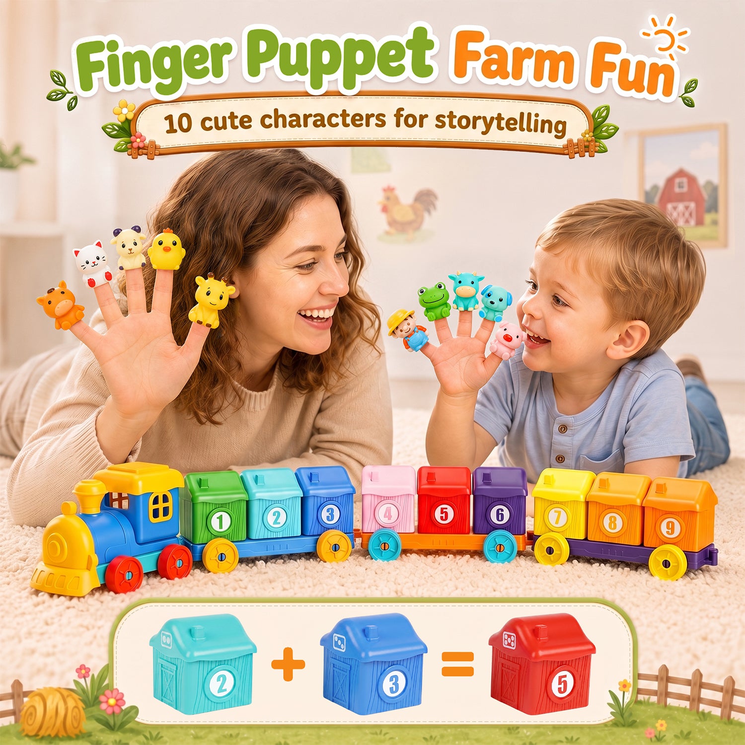 Montessori Learning Toys for Toddlers 1-3 Years, Counting, Matching & Sorting Toy Train, with Farm Animals Finger Puppets, Christmas Birthday Gifts for Toddler Boys Girls
