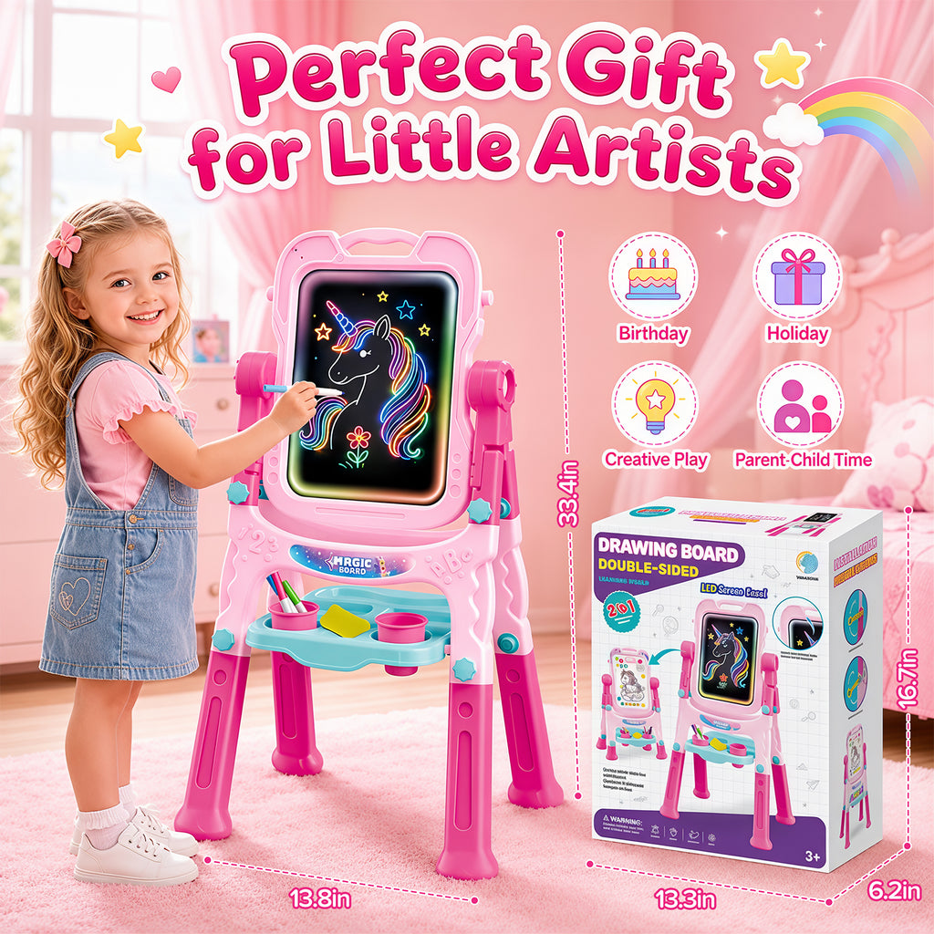 Art Easel for Kids, Adjustable Standing Rotatable Double Sided Easel, with Painting Accessories for Toddlers Boys and Girls, Pink